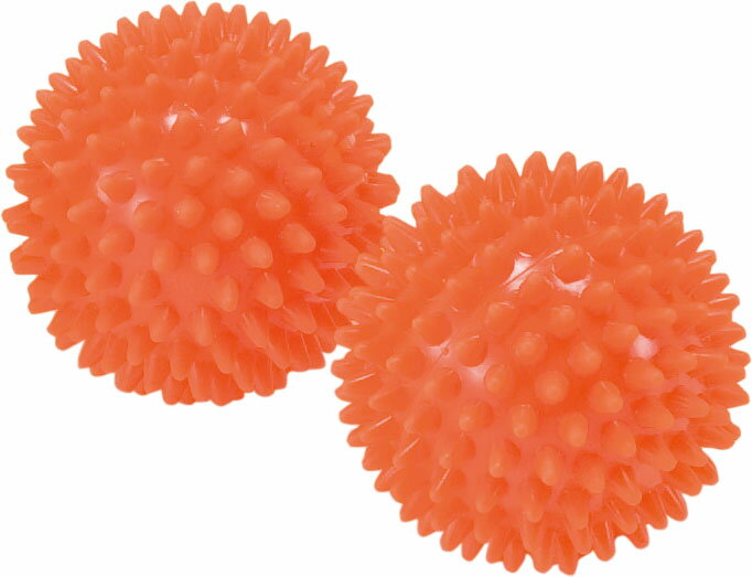 材質：PVCサイズ：直径8cm 2個1組重量：75g×2カラー：オレンジ原産国 : イタリアソフトタイプ触覚ボールは、ソフトギムニク感覚で使用出来ます。イボイボ付きですのでマッサージ効果も得られて楽しいボールです。