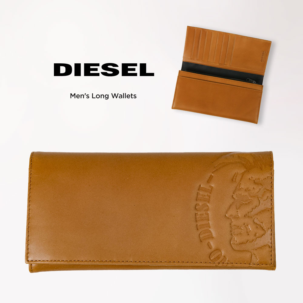 ディーゼル 長財布（メンズ） ディーゼル 財布 メンズ 本革 長財布 ブランド DIESEL かぶせ フラップ レザーウォレット 大人 シンプル 大容量 小銭入れ カード ポケット 収納 ユニセックス ゴールデンブラウン 牛革 レザー 誕生日 クリスマス 父の日 プレゼント ギフト 24 A DAY X04765 送料無料