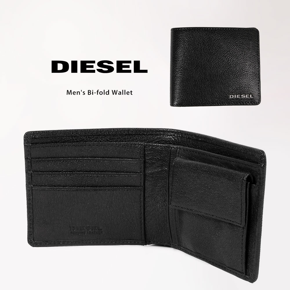 ディーゼル 財布（メンズ） ディーゼル 二つ折り財布 メンズ 本革 ミニ財布 ブランド DIESEL 折り畳み フラップ レザーウォレット 大人 シンプル 小銭入れ カード ポケット 収納 黒 ブラック 羊革 誕生日 クリスマス 父の日 プレゼント ギフト HIRESH S X03925 送料無料