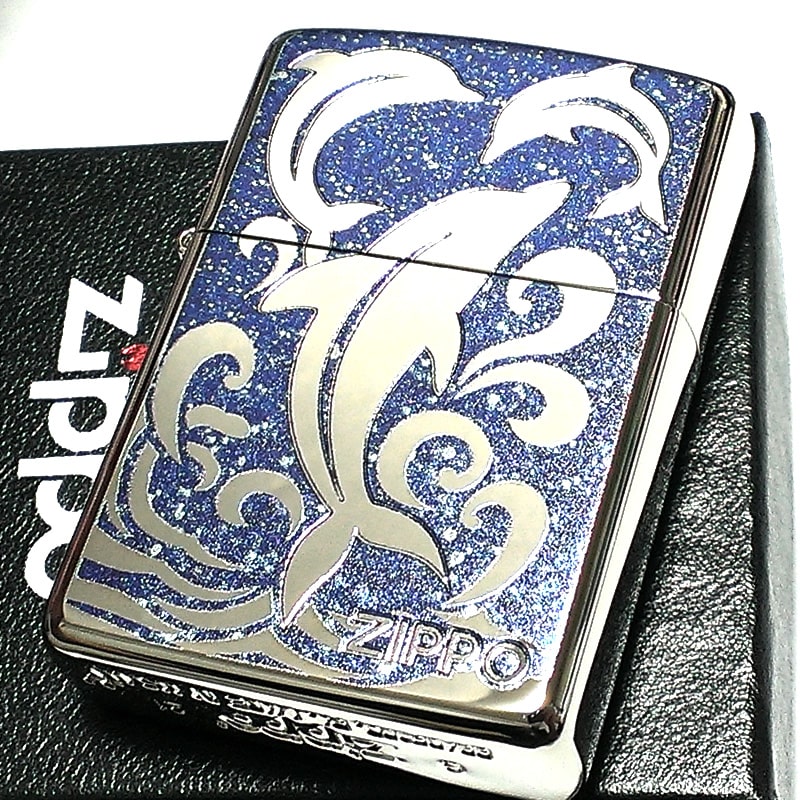 【スーパーSALE対象】ZIPPO アーマー ドルフィン ジッポ ライター ブルー 重厚 かわいい 青 綺麗 イルカ 御守り ラメ 海 ロゴ入り おしゃれ メン...