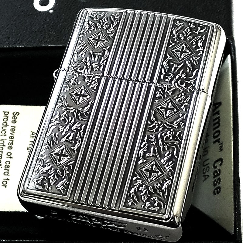 【31%OFF!スーパーSALE対象】ZIPPO ライター アーマー アラベスク クロス 両面加工 ジッポ シルバー おしゃれ 中世模様 ストライプ 彫刻 銀燻...