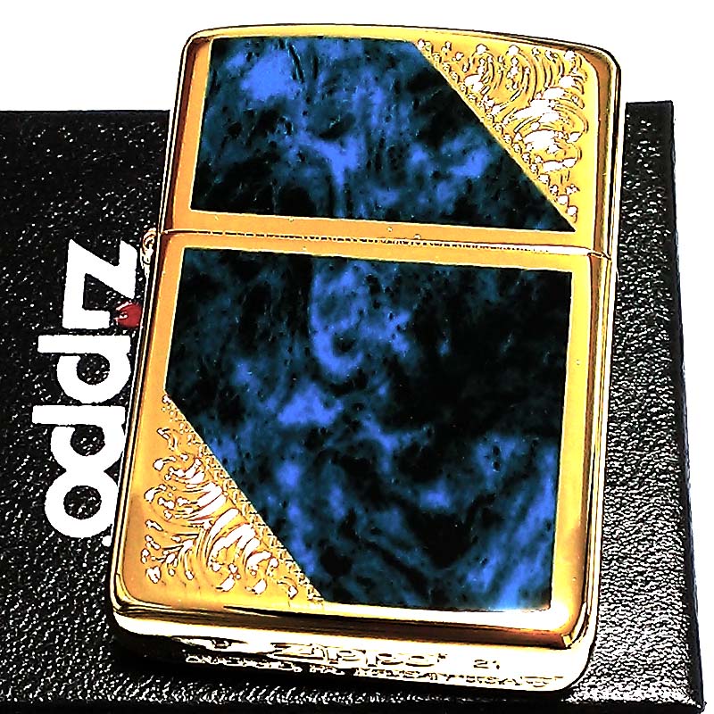 ZIPPO ライター アーマー ベネチアン ジッポ ブルー クラシック アラベスク 両面加工 マーブル柄 金タンク かっこいい メンズ プレゼント 動画あり ギ...