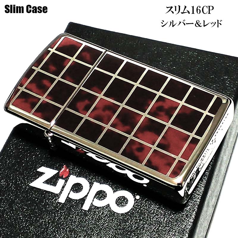 ZIPPO スリム ジッポ ライター シルバー&レッド チェック マーブル柄 かっこいい おしゃれ ギフト メンズ レディース 女性 動画あり