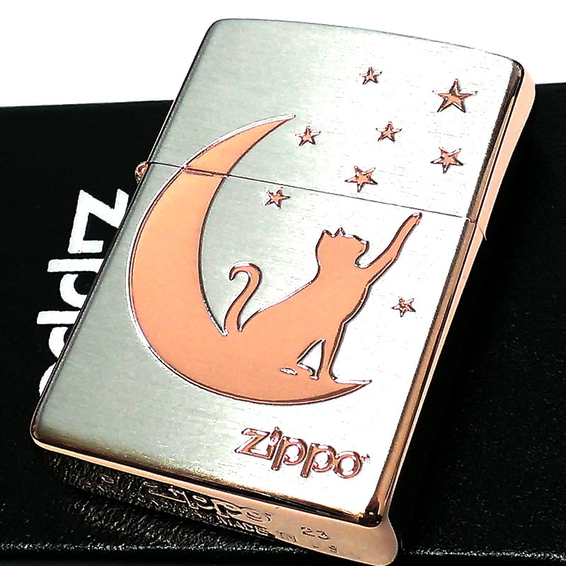 ZIPPO ライター 月とネコ 可愛い シルバーサテン ピンクゴールド ジッポ ロゴ 猫 星 かわいい レディース ねこ 女性 彫刻 シンプル おしゃれ ギフト...