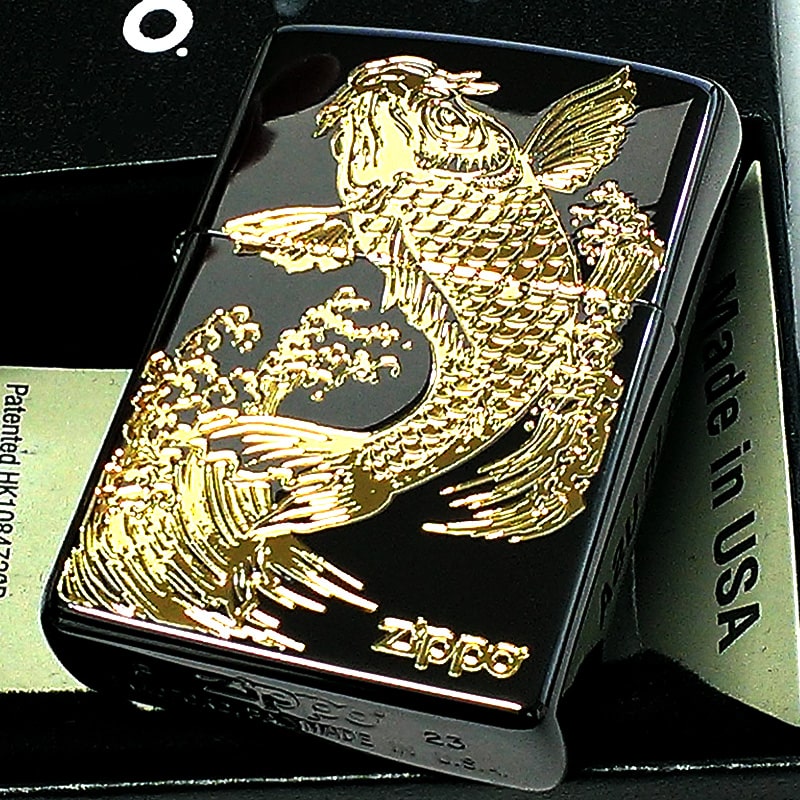 ZIPPO ライター 和柄 昇鯉 ブラックニッケル 金差し ジッポ ロゴ 御守り 彫刻 ゴールド かっこいい お守り 黒金 メンズ おしゃれ プレゼント ギフト 動画有り