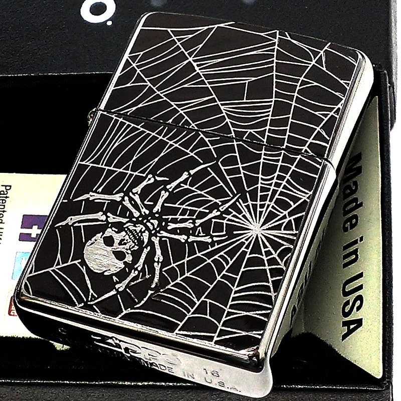 ZIPPO ジッポ ライター スカルスパイダー 彫刻 アンティークシルバー 蜘蛛の巣 ブラック かっこいい 銀サテン 黒 おしゃれ メンズ ギフト プレゼント