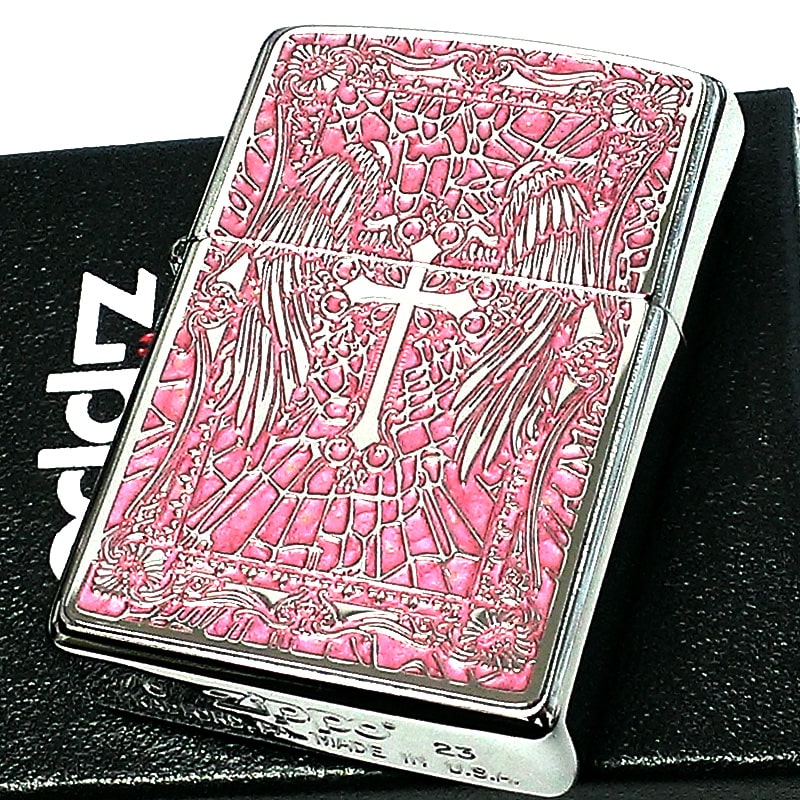 ZIPPO エンジェルクロス ピンク ジッポライター ロゴ 十字架 おしゃれ 天使の羽 かっこいい 両面柄違い加工 細密メタル おしゃれ レディース ギフト プ...