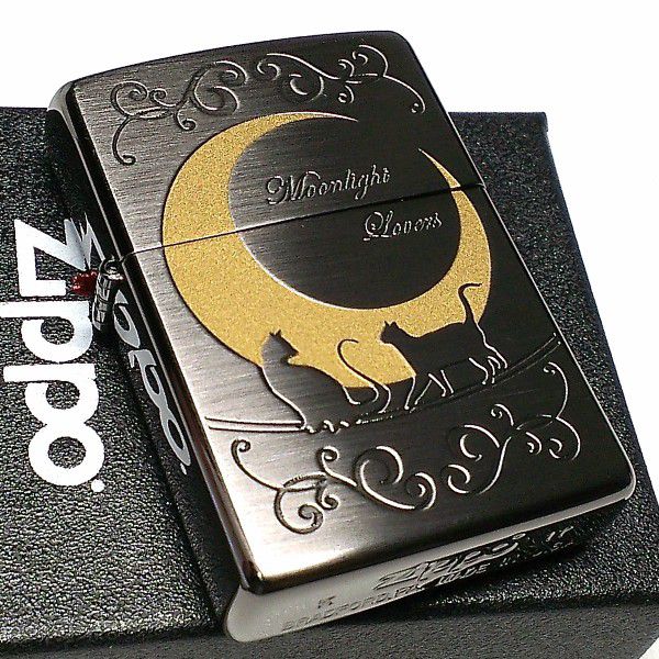 【ポイント10倍】ZIPPO ライター ジッポ ネコ 猫 キャット ムーン 可愛い 三日月 ブラックニッケルサテン ムーンライトラヴァーズ ねこ 動画有り メン...