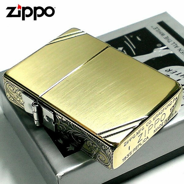 【ポイント5倍】ZIPPO ライター ジッポ 1935 復刻レプリカ ゴールド アンティークブラス 3面アラベスク ダイアゴナルライン 3バレル 唐草 彫刻 アンティーク 角型 動画有り 父の日 ギフト メンズ プレゼント