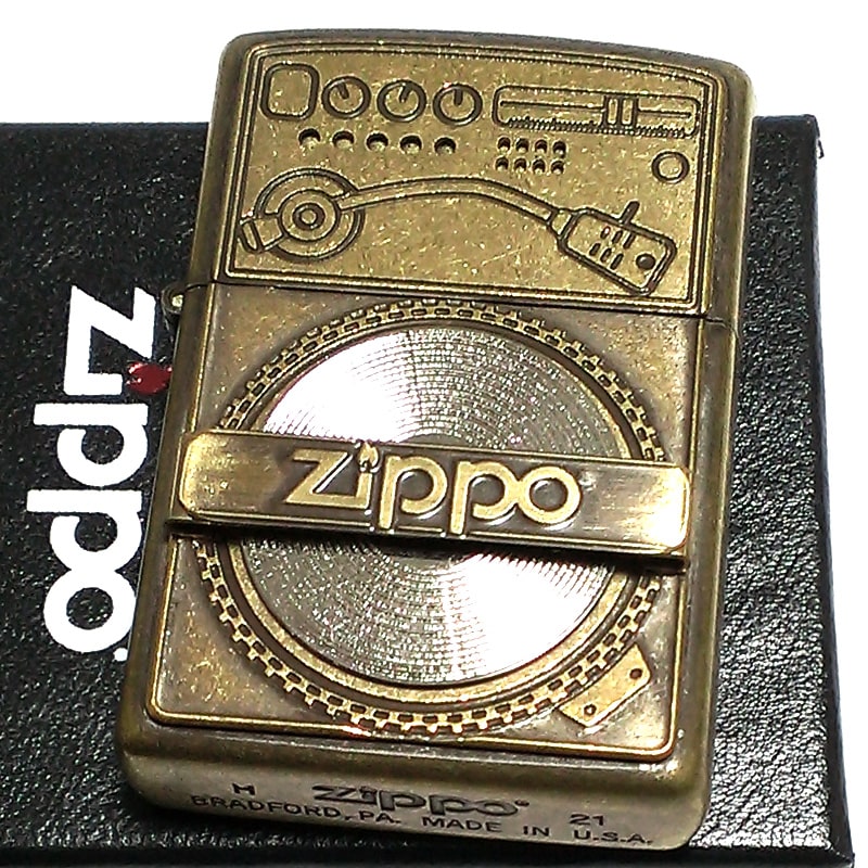 ZIPPO ライター ユーズドフィニッシュ レコード ジッポ 可動式 メタルプレート貼り 可愛い 彫刻 ブラス アンティークゴールド かっこい..