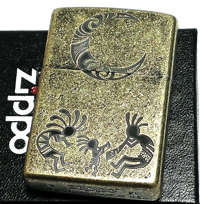 ZIPPO ライター ココペリ お守り ジッポ ブラスイブシ 月 彫刻 ネイティブインディアン 古美仕上げ メンズ 珍しい ギフト プレゼント 御守り