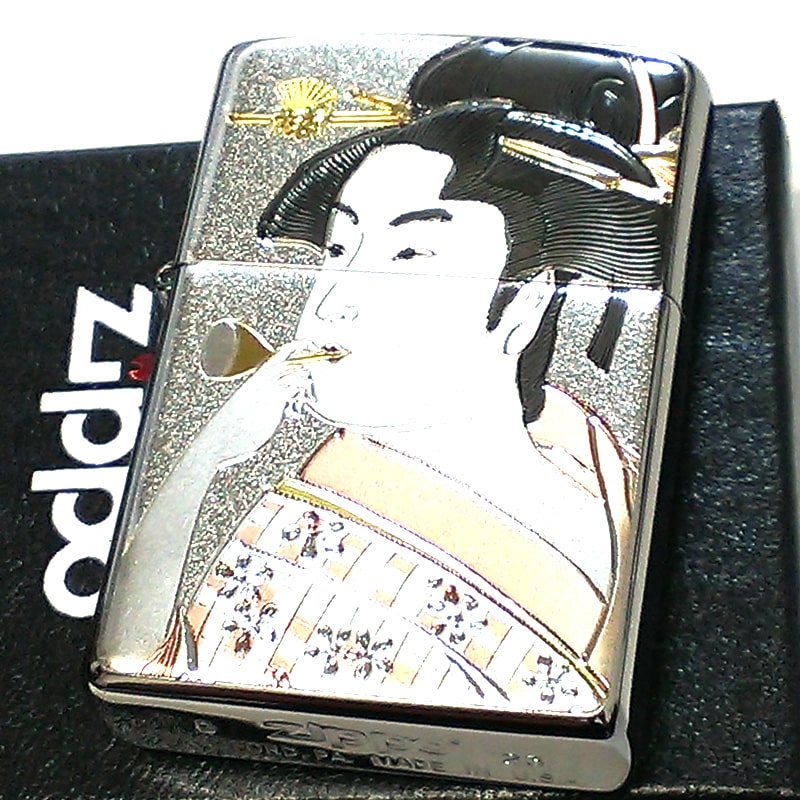 ZIPPO ライター 和柄 ビードロを吹く女 おしゃれ 上品 ジッポ シルバー 日本 和風 女性 彫刻 デンチュウバン 銀 レディース メンズ プレゼント ギフ...