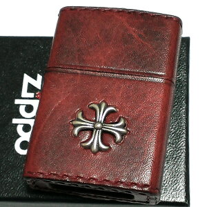 ZIPPO ライター 本牛革巻き ヴィンテージレッド Leather Cross ジッポ レザー クロス 十字架 赤 シンプル 牛革 かっこいい おしゃれ 動画有り メンズ 男性 ギフト プレゼント