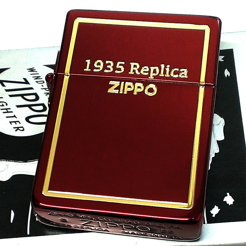 【20％OFF スーパーSALE対象】ZIPPO ライター 1935 復刻 レプリカ ゴールドフレーム ワインレッド ジッポ 金タンク 赤 かっこいい 両面加工 おしゃれ メンズ プレゼント ギフト 動画有り