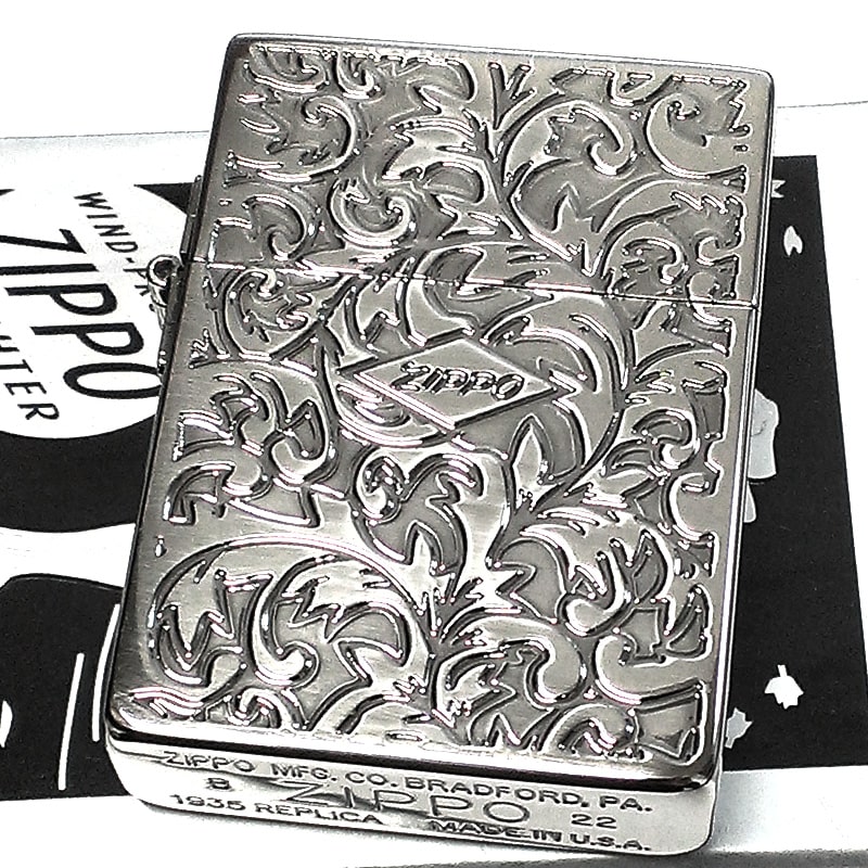 ZIPPO ライター ジッポ 1935 復刻レプリカ シルバー 燻し アラベスク 両面加工 3バレル 渋い かっこいい 唐草 彫刻 アンティーク 銀 ZIPPOロゴ入り 角型 メンズ ギフト