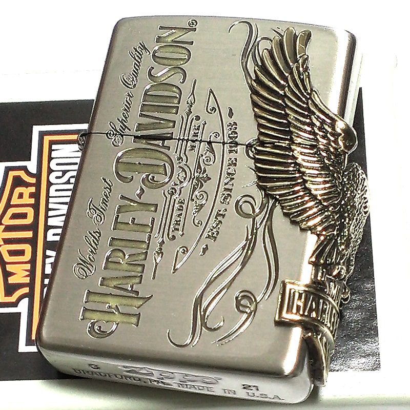 楽天Zippoタバコケース 喫煙具のハヤミジッポライター ハーレーダビッドソン ZIPPO かっこいい アンティーク シルバー＆ゴールド 金銀 古美仕上げ 3面メタル 鷲 日本国内限定モデル 動画あり メンズ ギフト