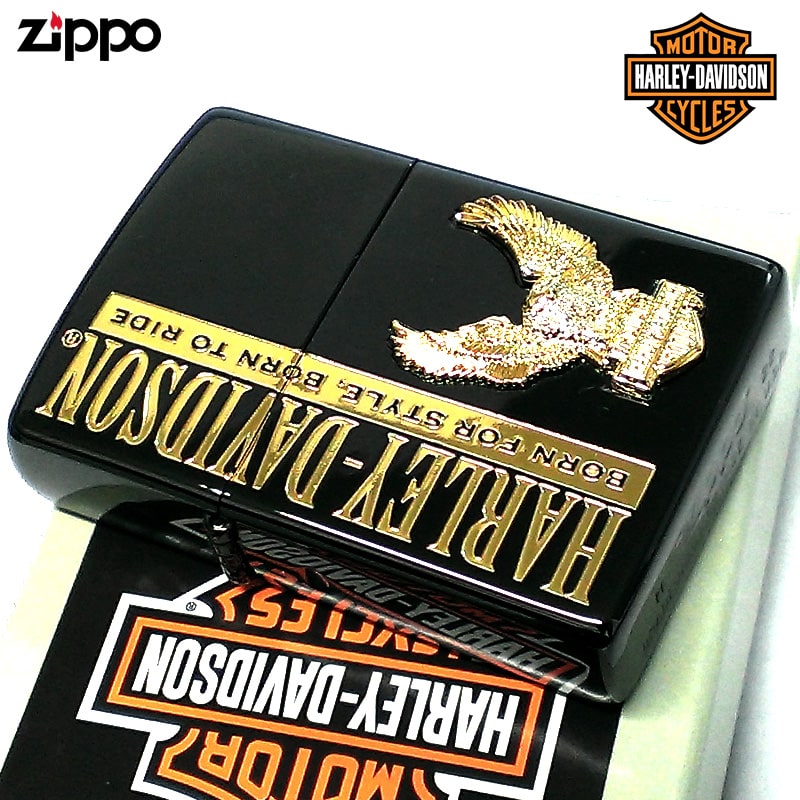 ZIPPO ライターかっこいい ハーレー ダビッドソン ジッポ HARLEY-DAVIDSON イーグルメタル ロゴ ブラックイオン 鷲 彫刻 黒金 金差し おしゃれ 渋い ゴールド メンズ プレゼント 父の日 ギフト 動画有り