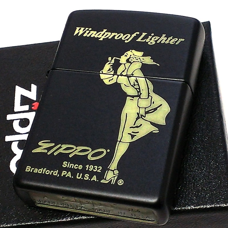ジッポ ライター ウィンディガール 黒金 ZIPPO マットブラック WINDY GIRL 定番 プリント 艶消し黒 かわいい ロゴ レディース メンズ プレゼ...