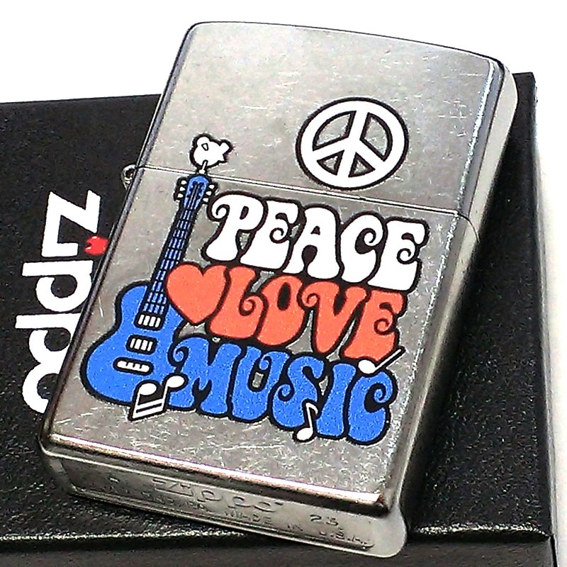 ZIPPO ライター PEACE LOVE MUSIC シルバー ピースマーク ギター ジッポ ストリートクローム おしゃれ かっこいい レディース メンズ ギフト プレゼント