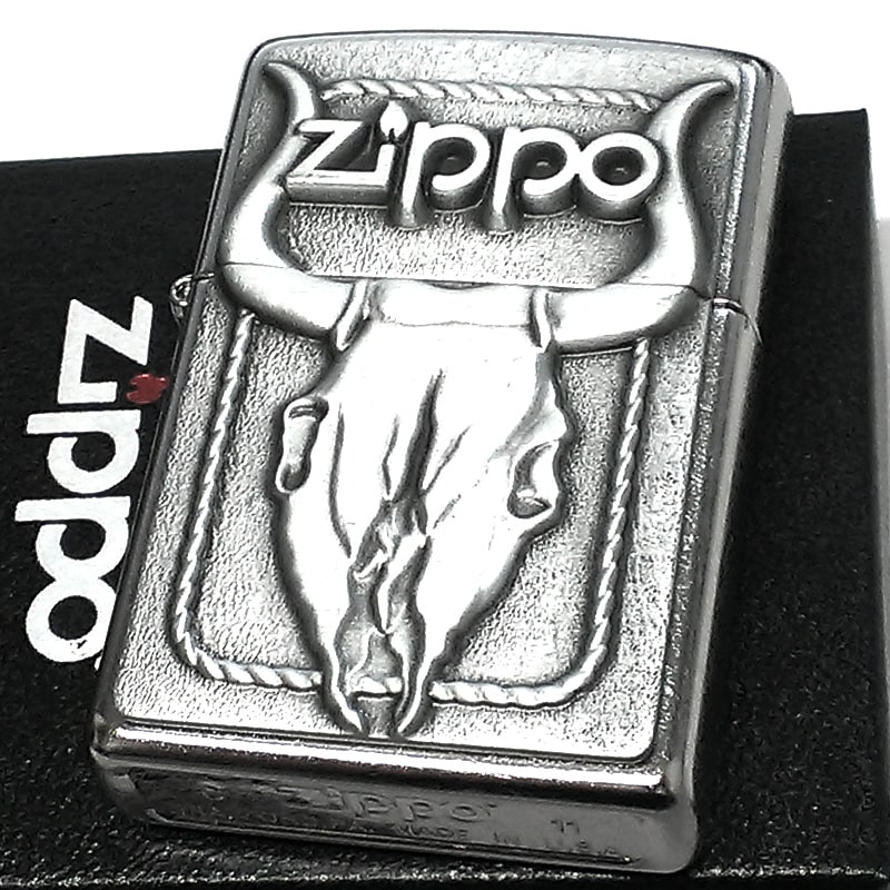 【スーパーSALE対象】ZIPPO かっこいい ブルスカル 雄牛 メタル ロゴ ジッポ ライター おしゃれ 渋い シルバー サテンクローム 銀 ウシ メンズ プレゼント 父の日 ギフト