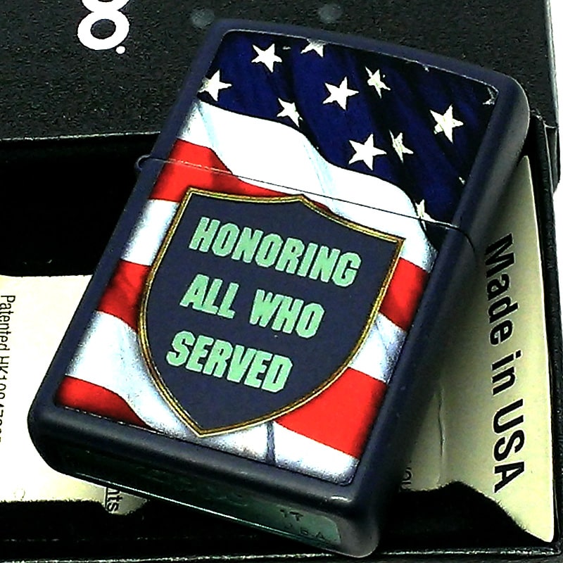 ZIPPO おしゃれ USA 星条旗 星 艶消しネイビー ジッポ ライター ロゴ 紺 アメリカ Honoring All Who Served かっこいい メンズ レディース ギフト プレゼント