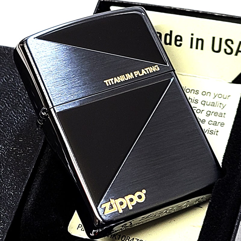 【20%OFF!ブラックフライデー対象】ZIPPO ライター ガンメタ&ブラック かっこいい ジッポ ロゴ チタン加工 黒 おしゃれ 彫刻 金差し シンプル メンズ ギフト プレゼント