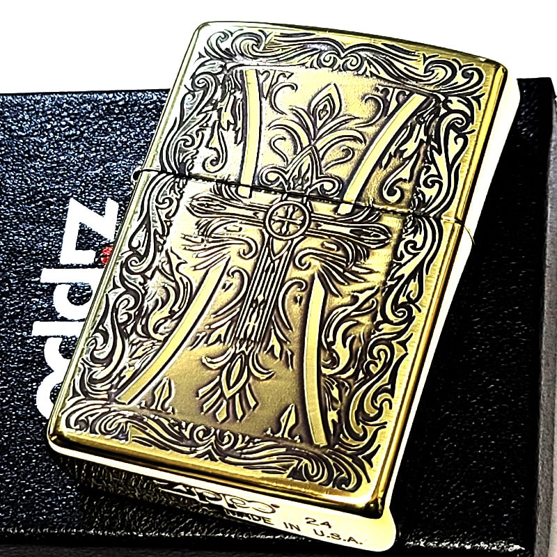 ZIPPO アラベスク クロス ジッポ ライター ブラス 中世模様 十字架 彫刻 アンティーク ゴールド かっこ..