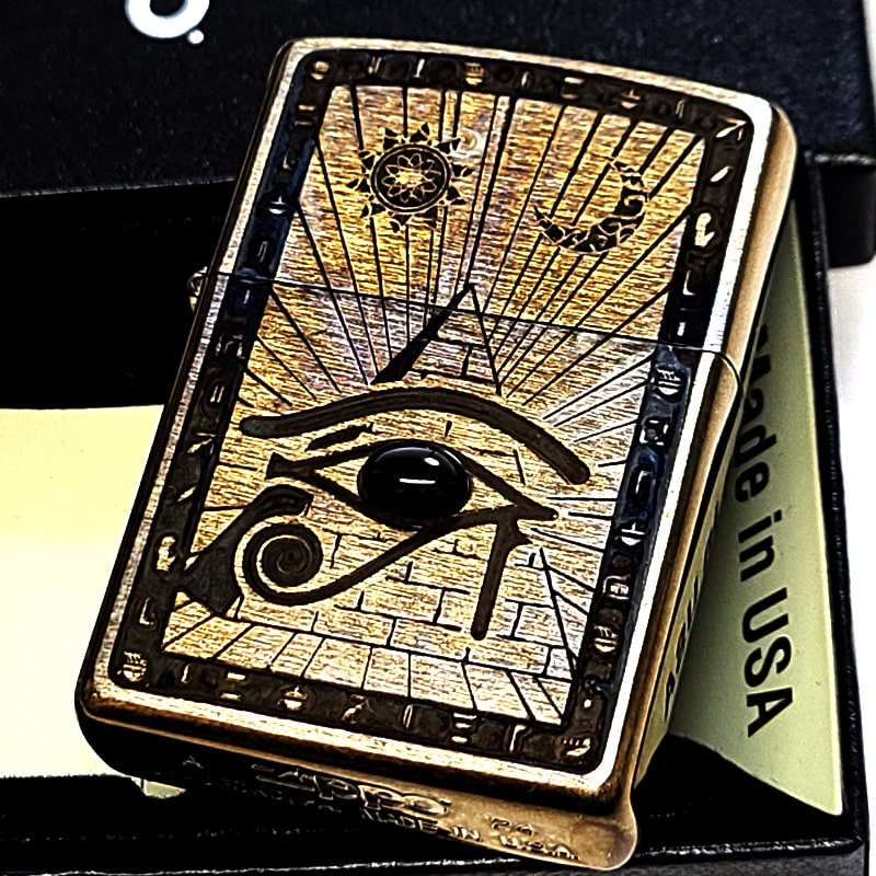 ZIPPO エジプト神話 ホルス アンティーク ブラス ジッポ ライター 両面加工 ユーズド加工 天然石 オニキス 象形文字 かっこいい 渋い 彫刻 ビンテージ お守り おしゃれ メンズ ギフト プレゼント
