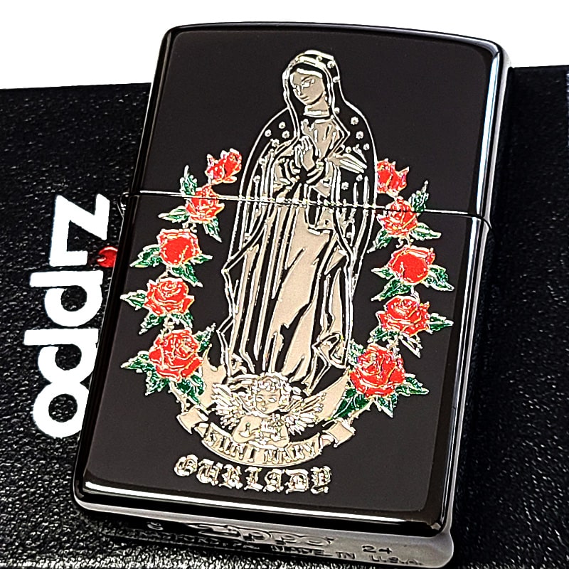 ZIPPO ライター マリア&ローズ ジッポ おしゃれ ブラックニッケル 聖母マリア 彫刻 御守り かっこいい 色差し 黒銀 メンズ レディース ギフト プレゼ...