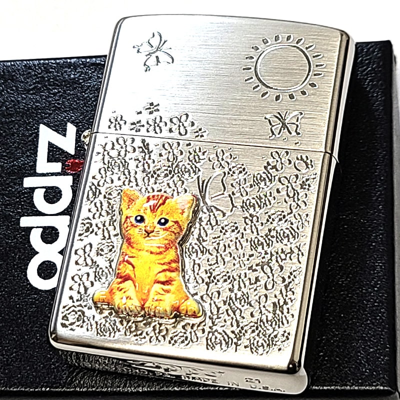 ZIPPO 猫 メタル ジッポ ライター 花柄 シルバー ねこ ブラウン かわいい ネコ 女性 フラワー 彫刻 おしゃれ kitten flowers レディー...