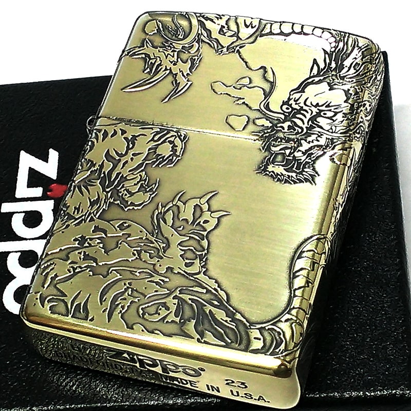 楽天Zippoタバコケース 喫煙具のハヤミZIPPO 五面龍虎 御守り ジッポ ライター 5面加工 エッチング 彫刻 ブラス お守り かっこいい 和柄 竜 おしゃれ 渋い アンティークゴールド メンズ プレゼント ギフト