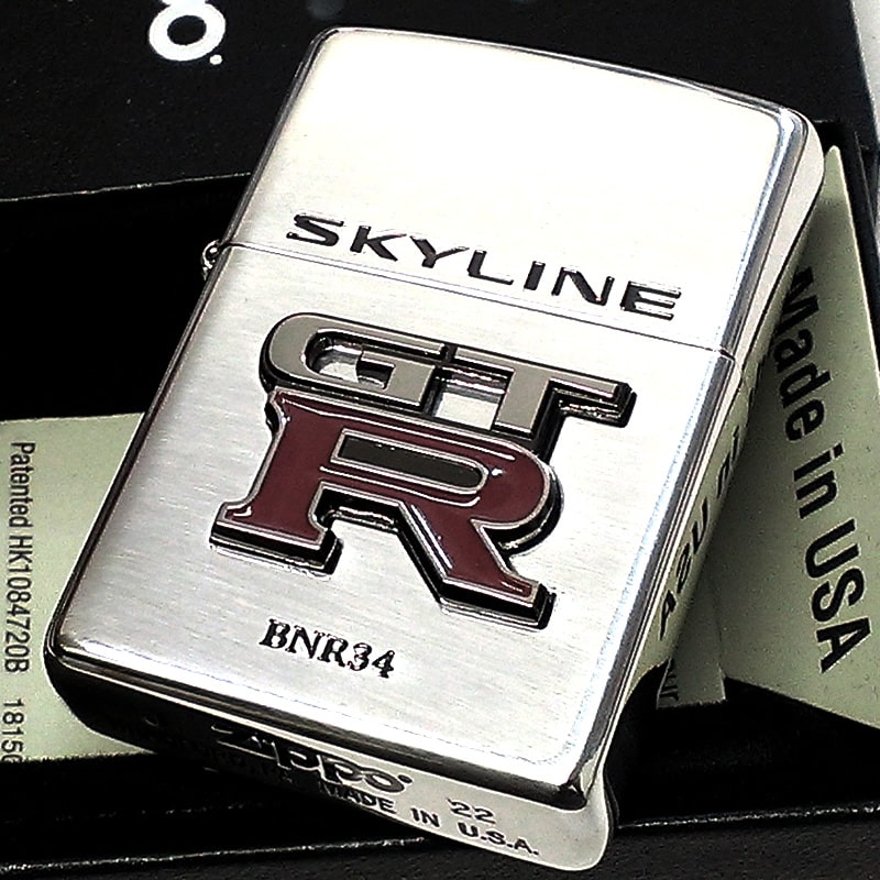 ZIPPO スカイライン GT-R R34 リアルエンブレム 日産公認モデル かっこいい 車 ジッポ ライター ロゴ メタル GTR-BNR34 銀燻し おしゃ...