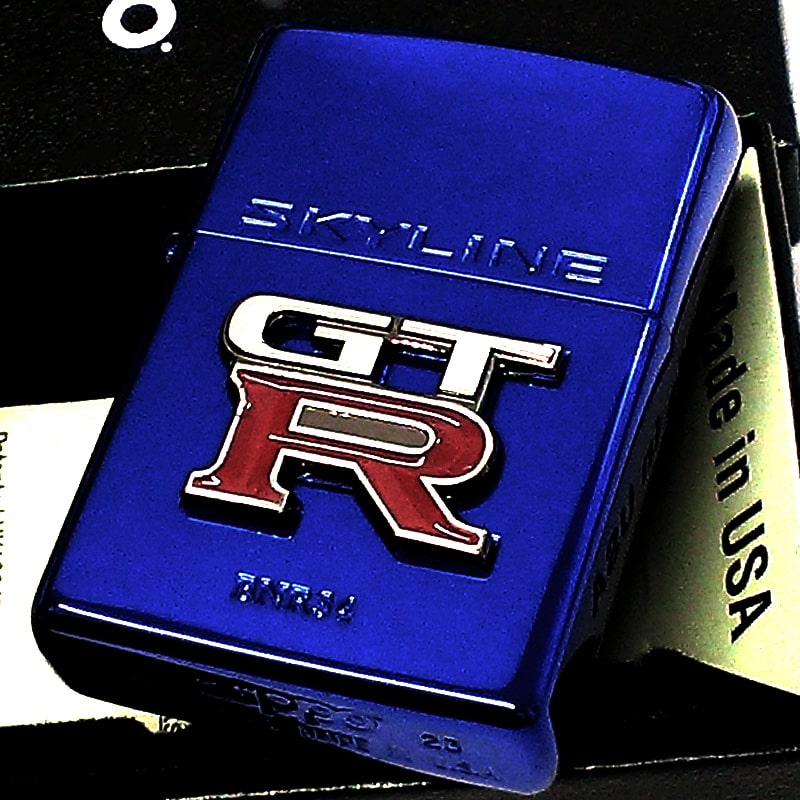 ZIPPO ライター スカイライン GT-R R34 リアルエンブレム 車 イオンブルー ロゴ メタル ジッポ 日産公認モデル GTR-BNR34 かっこいい 青 おしゃれ メンズ ギフト プレゼント