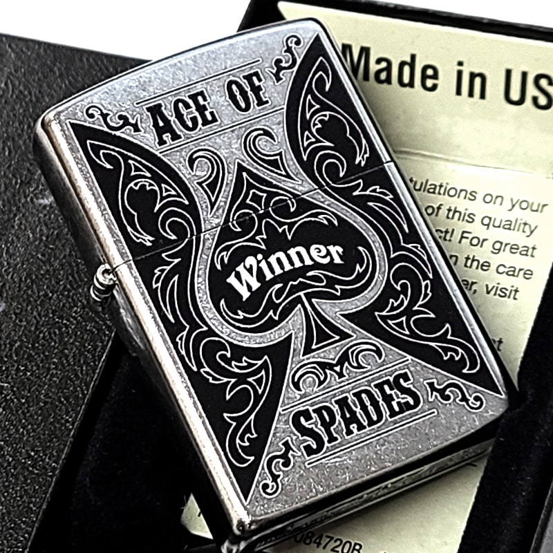 ZIPPO ライター スペード レトロ ジッポ ACE OF SPADES おしゃれ モノクロ ユーズド加工 シルバー ブラック かわいい ストリートクローム ...