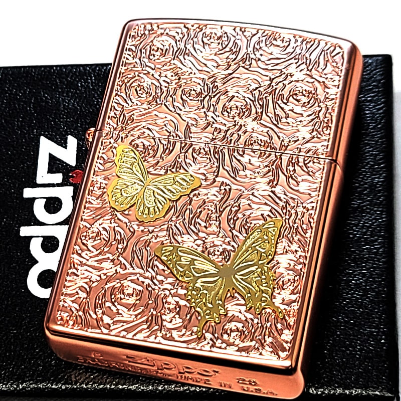 ZIPPO ライター かわいい ジッポ 蝶と薔薇 ピンクゴールド 彫刻 おしゃれ バタフライ マット加工 レディース メンズ 女性 プレゼント ギフト 動画あり