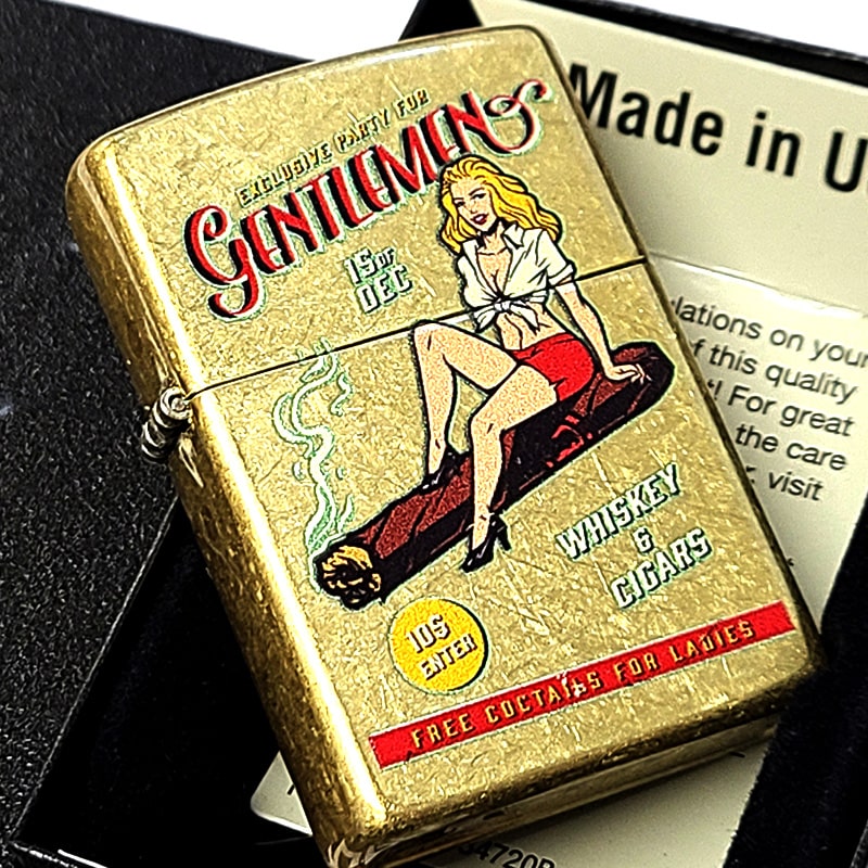 ZIPPO ライター おしゃれ 女性 セクシー レトロ アメリカン ジッポ クラシック 可愛い ストリートブラス アンティークゴールド WHISKEY AND CIGAR ユーズド加工 プレゼント メンズ ギフト