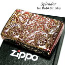 ZIPPO ライター スプレンダー イオンレッド ジッポ アラベスク模様 5面加工 金タンク 彫刻 ゴールド鍍金差し 赤 かっこいい おしゃれ レディース メンズ ギフト プレゼント 動画有り