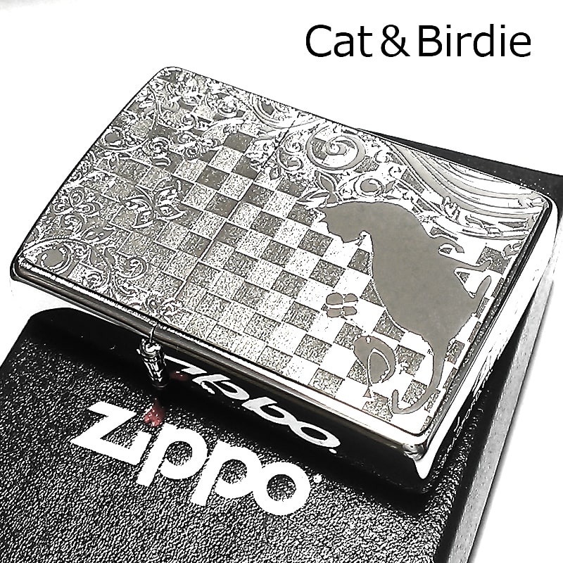 ZIPPO ライター ネコと小鳥 ジッポ 猫 細密エッチング かわいい 花畑 ユニーク ねこ 可愛い 女性 レディース メンズ ギフト プレゼント 動画あり