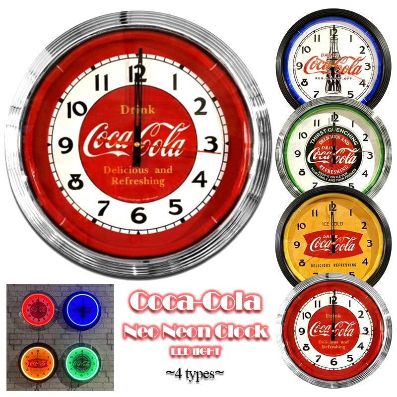 コカコーラ 時計 ネオンクロック LEDライト レッド ブルー グリーン イエロー レトロ Coca・Cola アメリカン PJ-NC 雑貨 おしゃれ かわいい 箱入り バー カフェ お店 店舗 可愛い インテリア 部屋