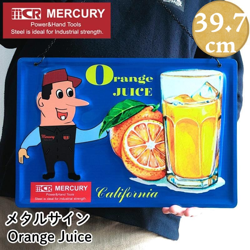 マーキュリー ブリキ看板 オレンジジュース メタルサイン レトロ アメリカン 雑貨 MERCURY 可愛い Mr.T おしゃれ プレート ロゴ ブルー 壁飾り ガレージ ディスプレイ インテリア 壁掛け バー レストラン カフェ 店舗