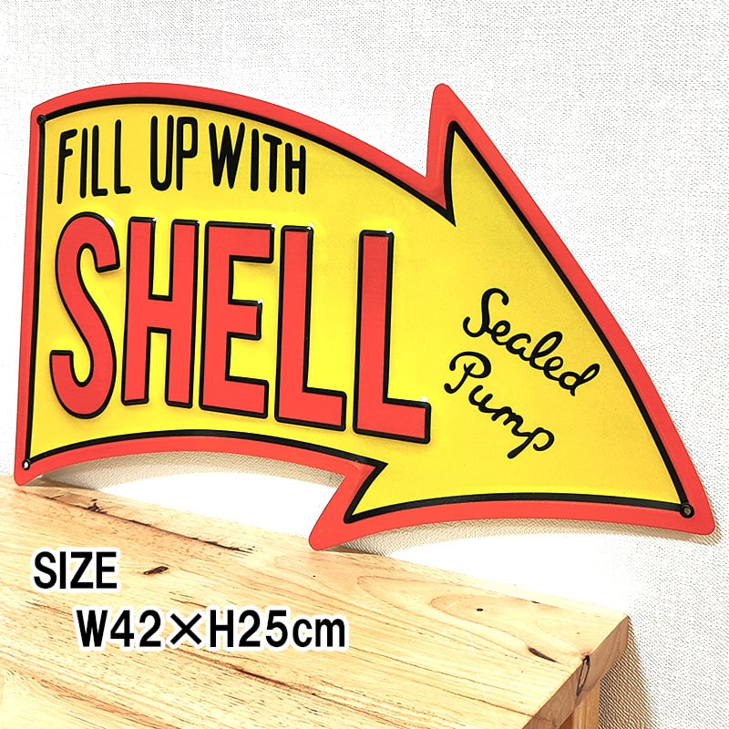 ブリキ看板 ビンテージ エンボスメタルサイン SHELL おしゃれ アンティーク ディスプレイ かっこいい ヴィンテージ 矢印 ガレージ アメリカン 雑貨 ウォールデコレーション イエロー オレンジ 店舗 カフェ バー [2]