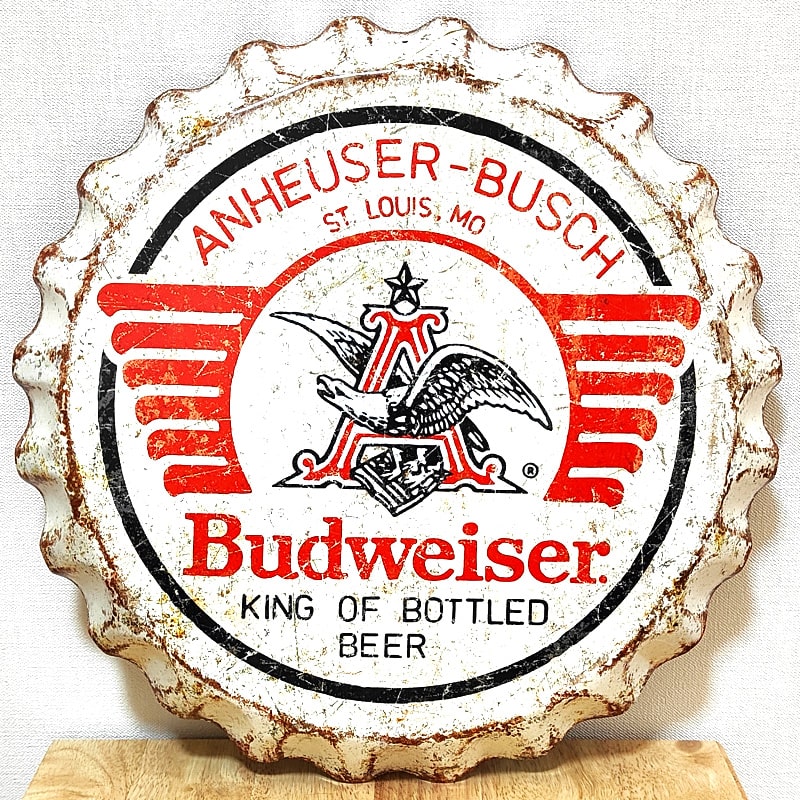 ブリキ看板 バドワイザー ボトルキャップ アンティーク Budweiser Weathered ロゴ 壁飾り かわいい 正規品 アメリカン 雑貨 インテリア ホワイト おしゃれ 可愛い カフェ 店舗