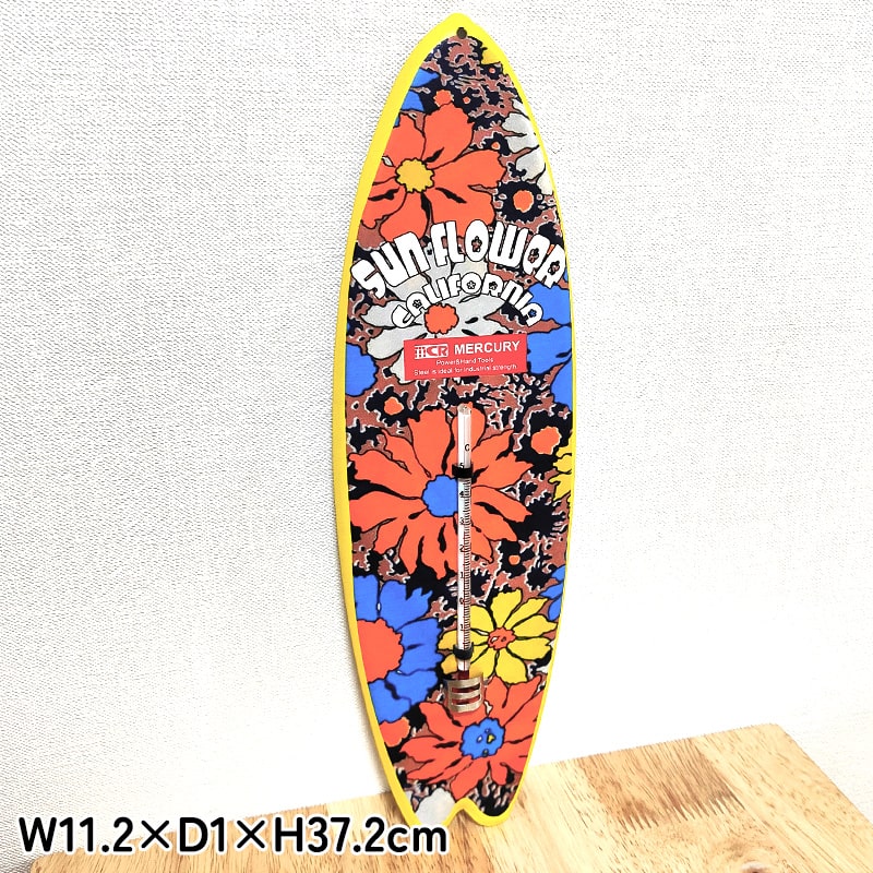 ブリキ看板 USA雑貨 Hayammysの温度計 おしゃれ マーキュリー サーフボード 壁飾り サーモメーター ブリキ看板 MERCURY 花柄 サンフラワー ひまわり レトロ ビーチ カラフル アメリカン 雑貨 サーファー 壁掛け 可愛い インテリア カフェ バー 店舗｜アングル2