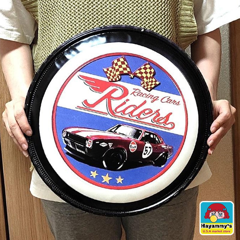 ブリキ看板 レーシングカー 車 壁掛け 丸形 かっこいい アンティーク ビンテージ アメリカン プレート ..