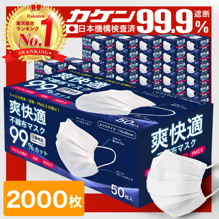 ＼5/25まで限定価格！／【VFE/PFE/BFE99 耳が痛くならない 不織布マスク 】 マスク 不織布 2000枚 50枚×40箱 不織布マスク カラー 立体 オメガプリーツ 日本 企画 大人 やわらか 秋 包装 爽快適送料無料 -ss