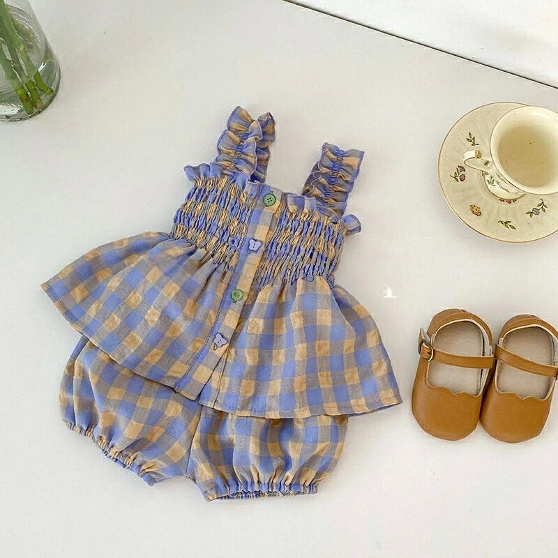 ボト トップス ベビー服 夏 春 韓国子供服 可愛い おしゃれ ガウチョパンツ tシャツ 上下セットチェック柄 子供服 女の子 キッズ