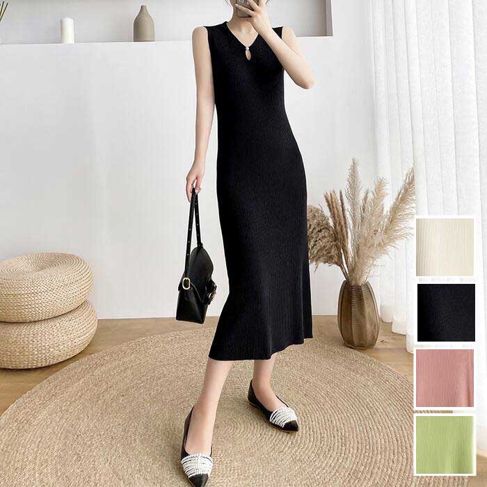 ワンピ 可愛い 大人 おしゃれ ミモレ丈 カジュアル きれいめ レディース ノースリーブ エレガント 涙開き ニット ロングワンピ