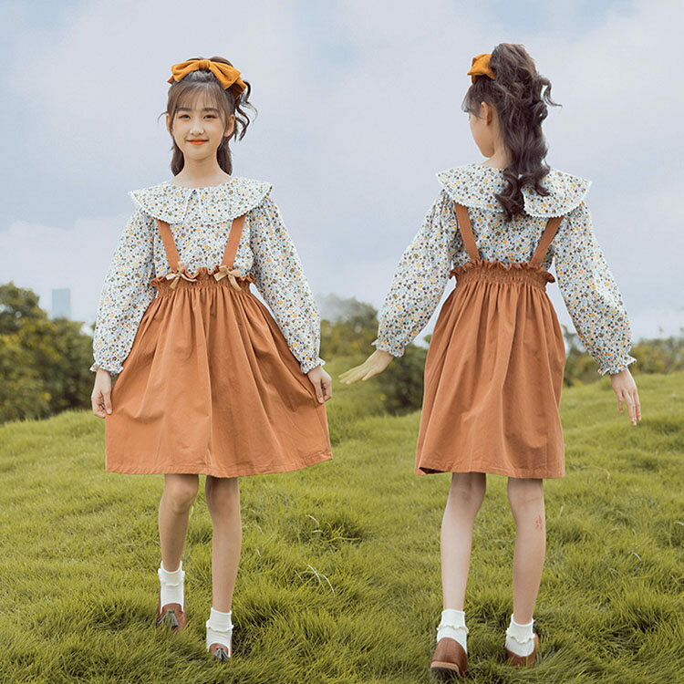 女の子 子供用 おしゃれ 入学式 結婚式 カジュアル キッズ きれいめ 女児 パーティー 花柄 長袖+サロペットスカート 二点セット