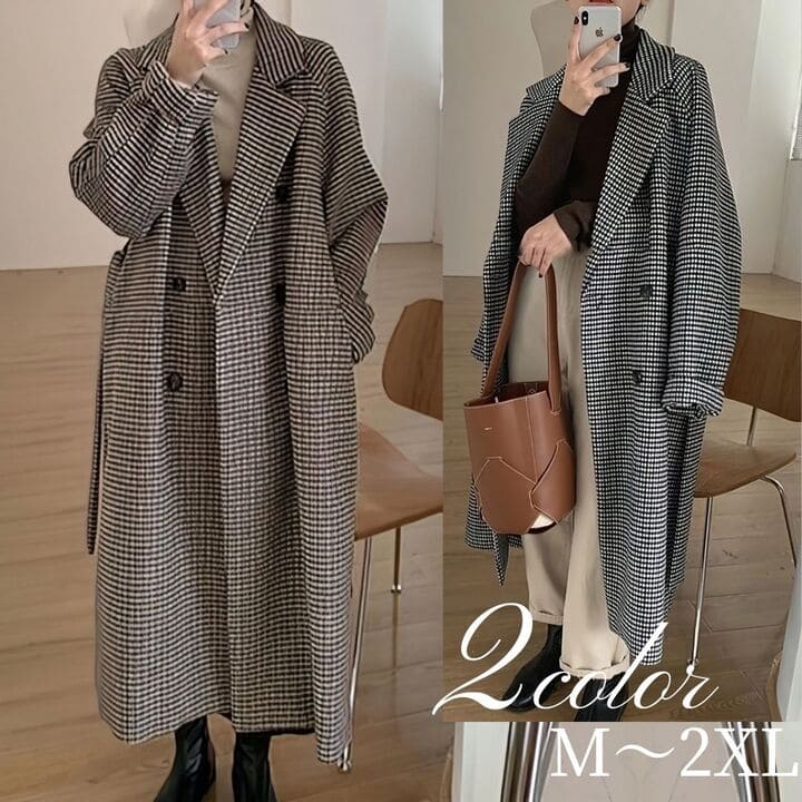 Coat - 14081 オシャレ 60代 50代 40代 体型カバー アウター 秋冬春 ウエストベルト チェックコート ロングコート レディース