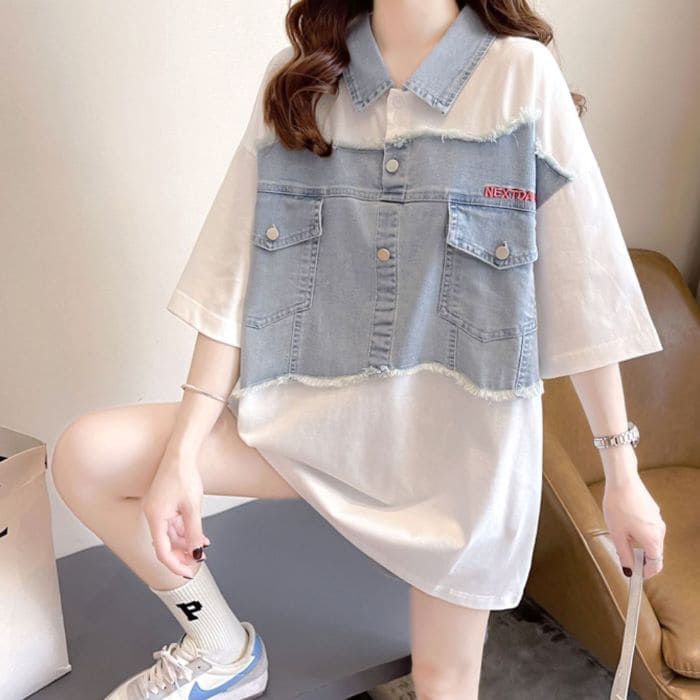 ガーリー カジュアル 通学 トップス 春夏 半袖 カジュアルシャツ デニム切替 ポロシャツ 韓国 ファッション レディース 高校生